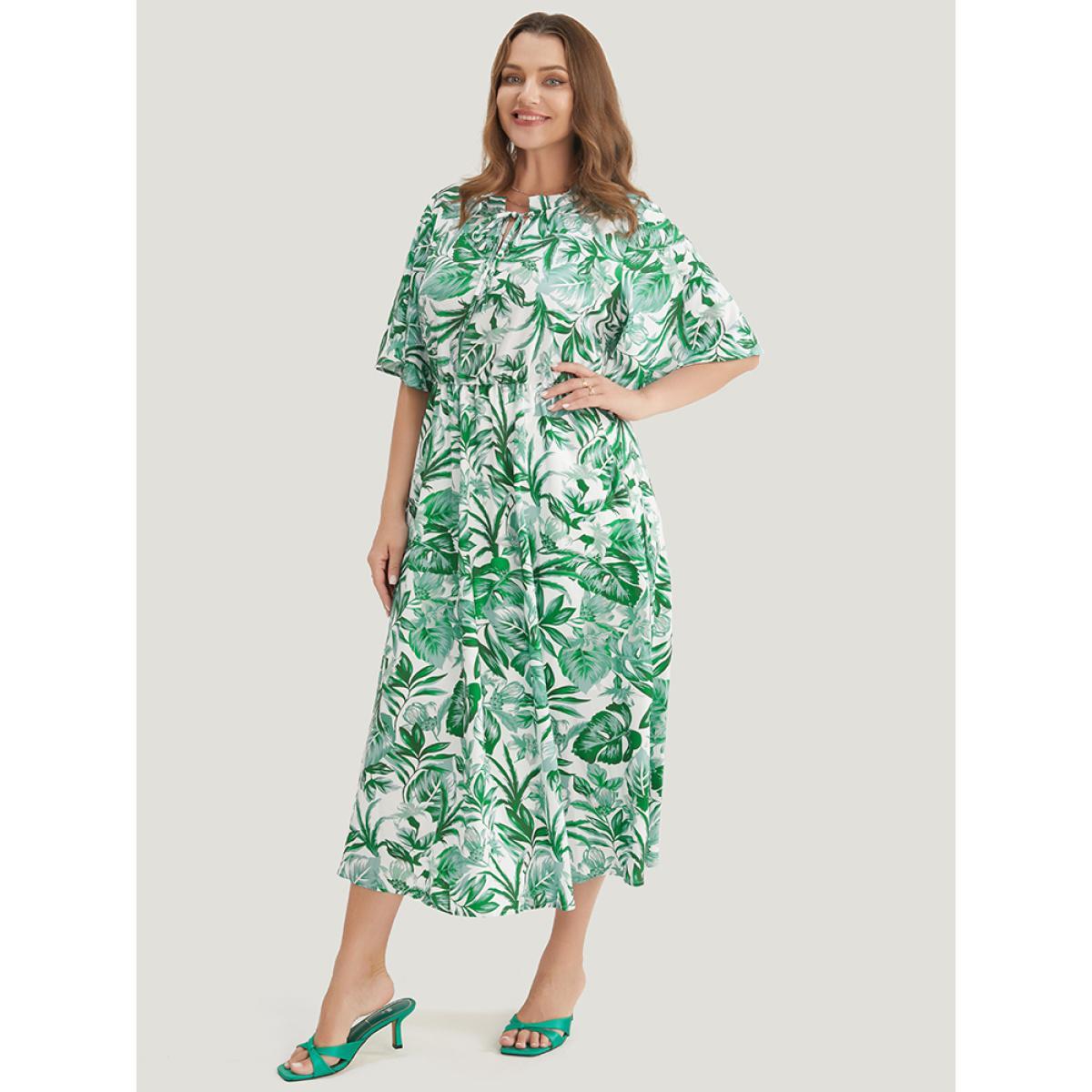 Plus Size Plant Print Pocket Keyhole Tie Neck Frill Trim Flutter Dress Green Women Vacation V-neck Half Sleeve Curvy Midi Dress BloomChic 22-24/3X Product Image
