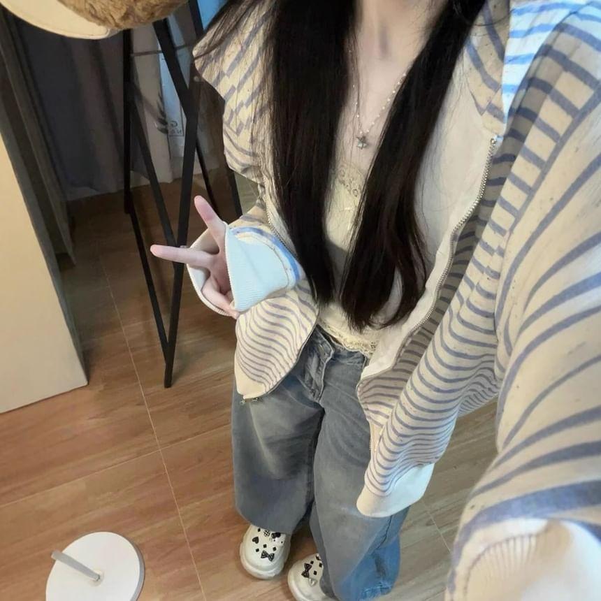 Long Sleeve Bow Print Striped Zip-Up Loose-Fit Hooded Jacket Product Image