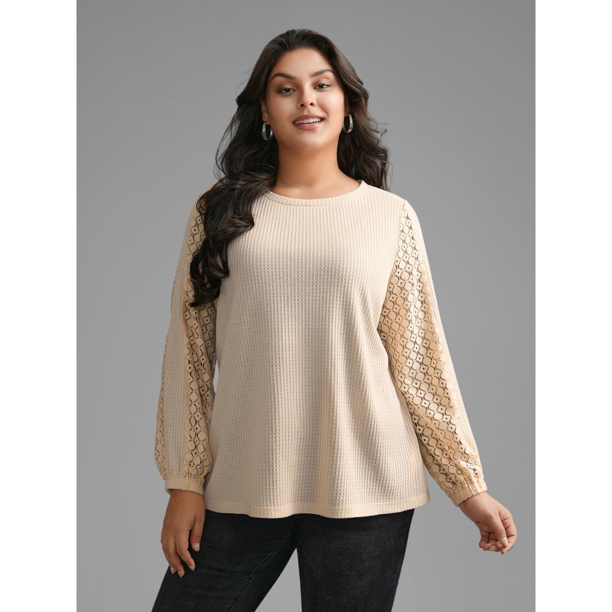 Plus Size Textured Patchwork Lace Panel T-shirt Champagne Women Casual Texture Non Everyday T-shirts BloomChic 30/6X Product Image