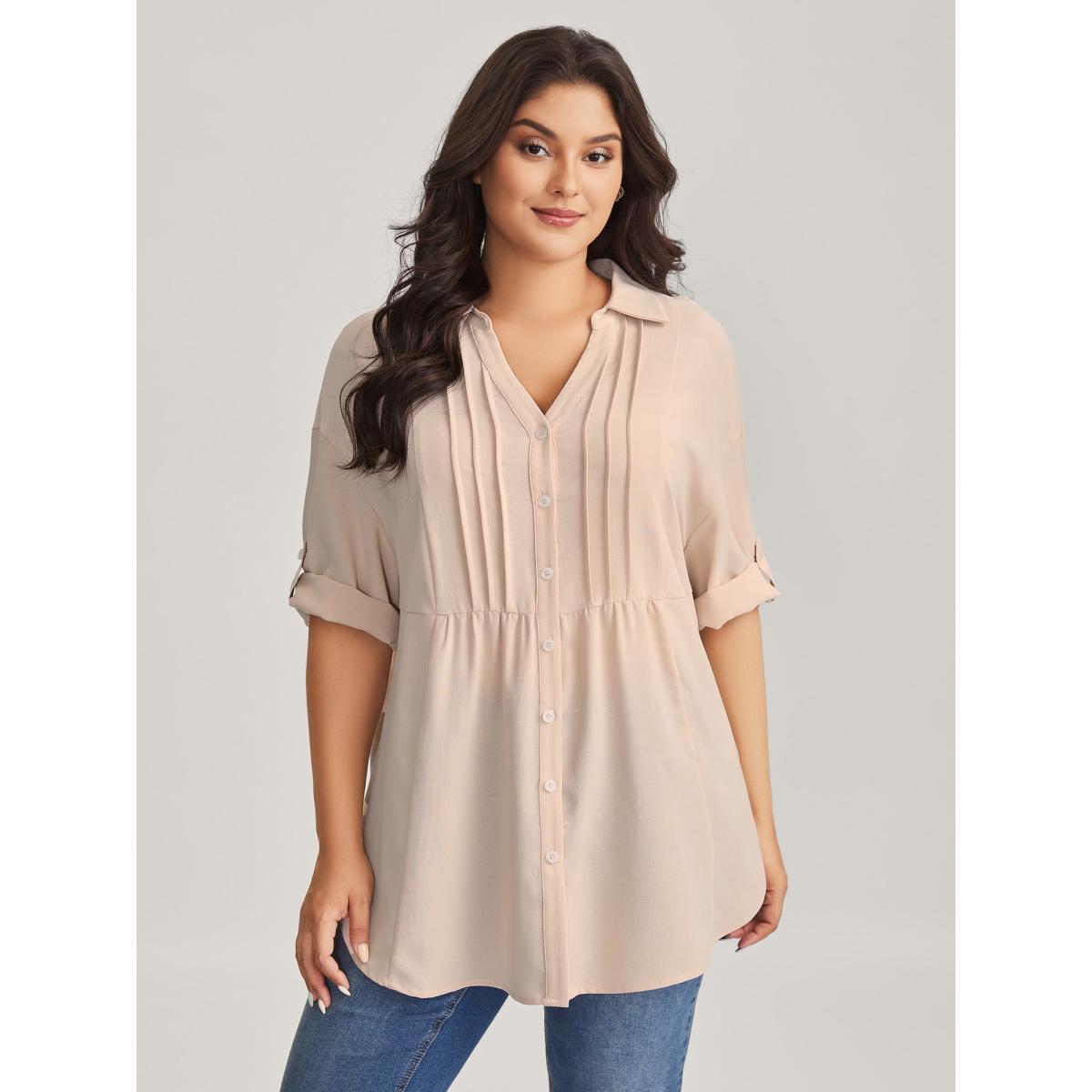 Plus Size Apricot Toothpick Pleats Tab Sleeve Long Blouse Women Elbow-length sleeve Shirt collar Everyday-Casual Blouses BloomChic 12/L Product Image