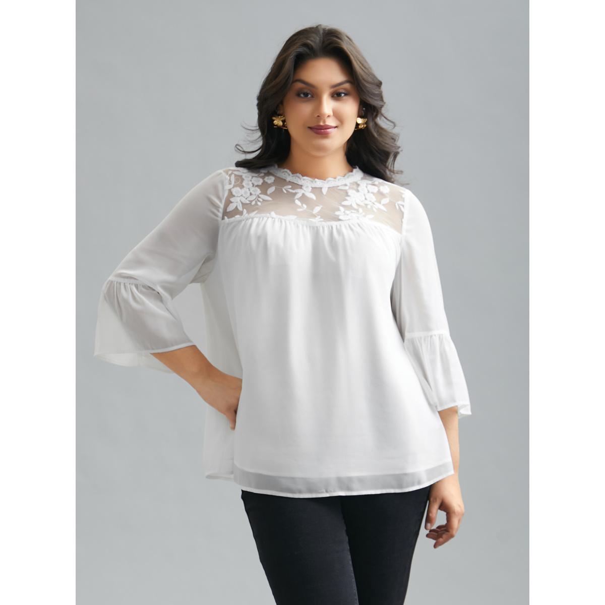 Plus Size Opticwhite Dreamy Lace Neck Flared Sleeve Chiffon Blouse Women Elegant Elbow-length sleeve Stand-up collar Everyday Blouses BloomChic 28/5X Product Image