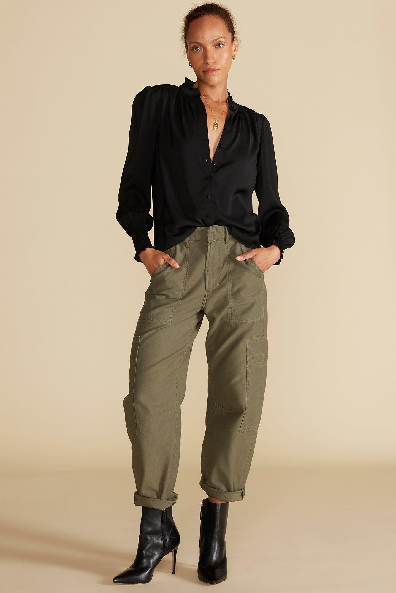 Charlotte Ruffled Recycled Sateen Blouse - Black Product Image