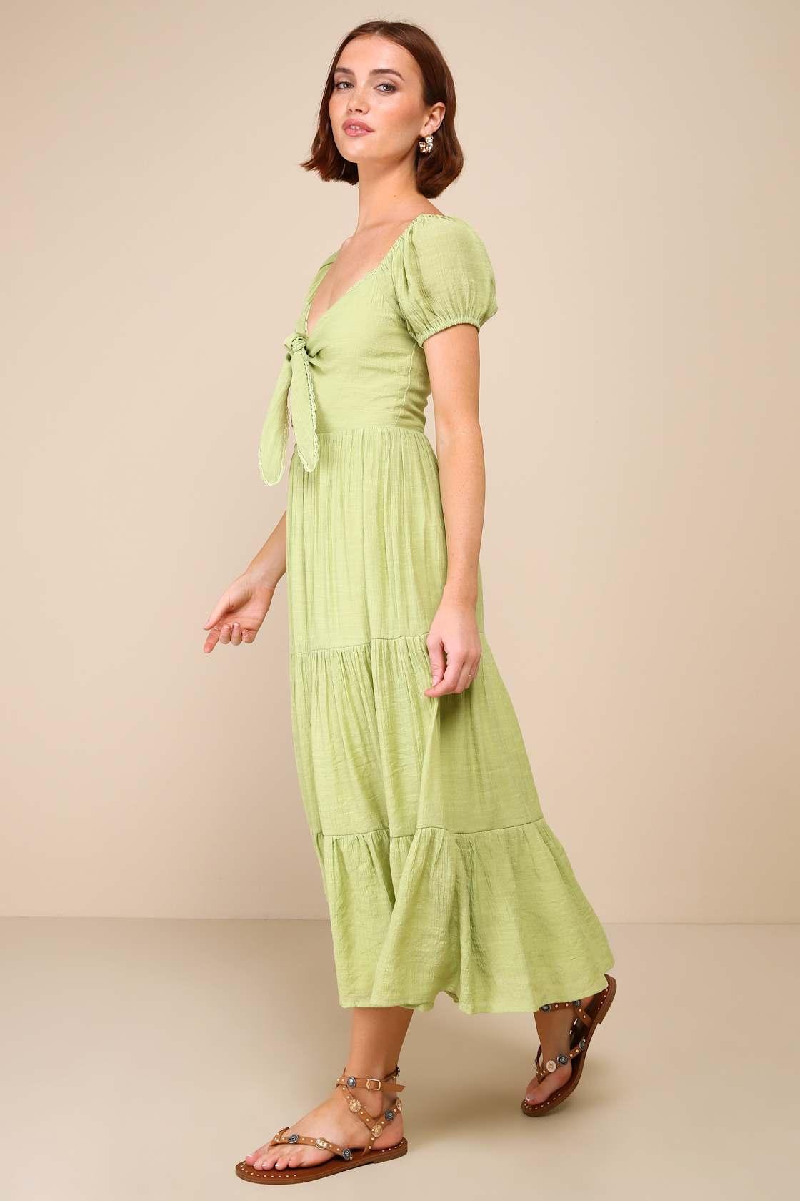 Darling Concept Green Tiered Tie-Front Puff Sleeve Midi Dress Product Image