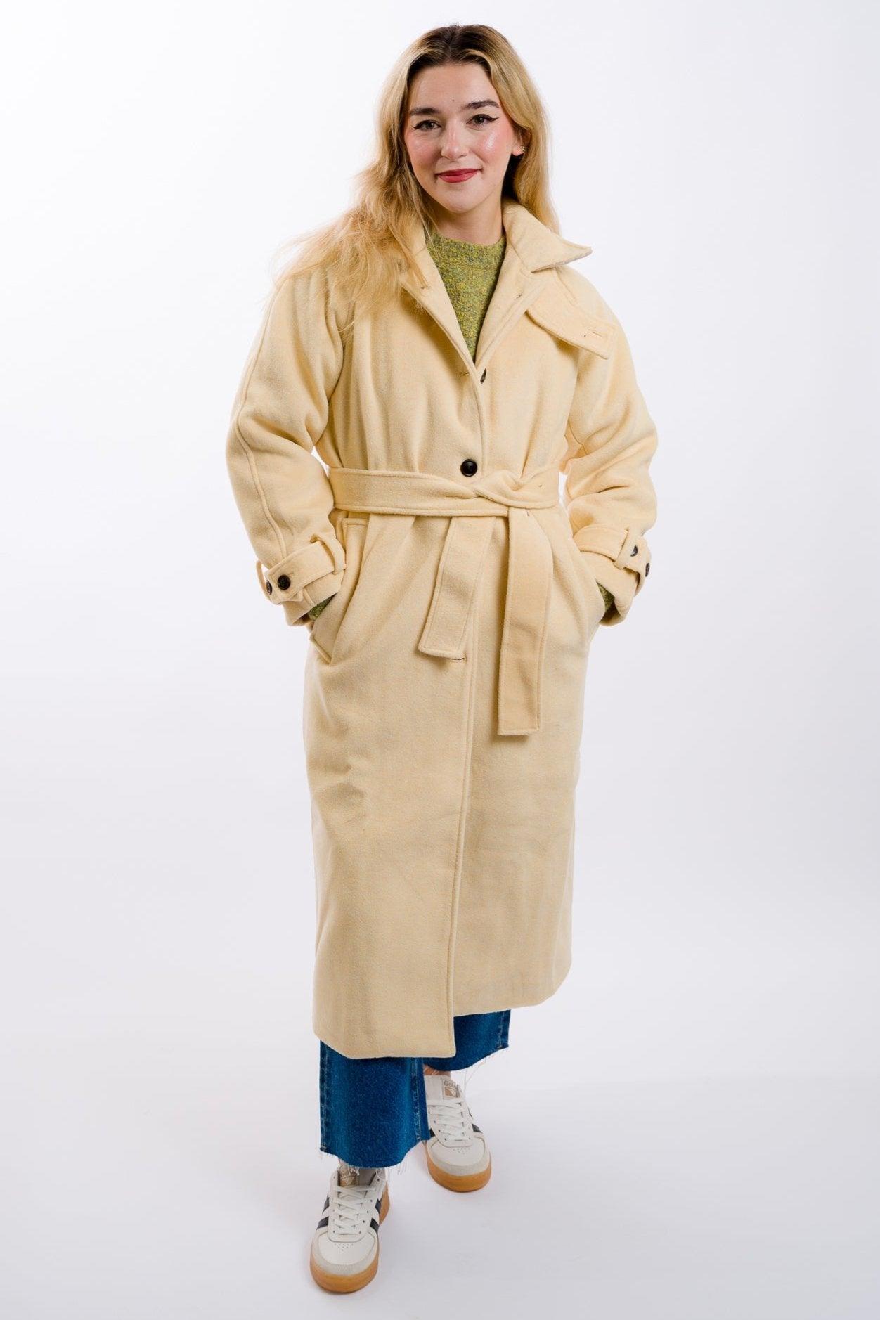 Moon River Belted Duster Overcoat - Light Yellow Product Image