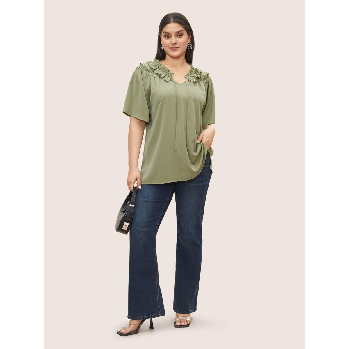 Plus Size Sage Plain Frill Trim Gathered Ruffle Sleeve Blouse Women At the Office Short sleeve V-neck Work Blouses BloomChic 22-24/3X Product Image