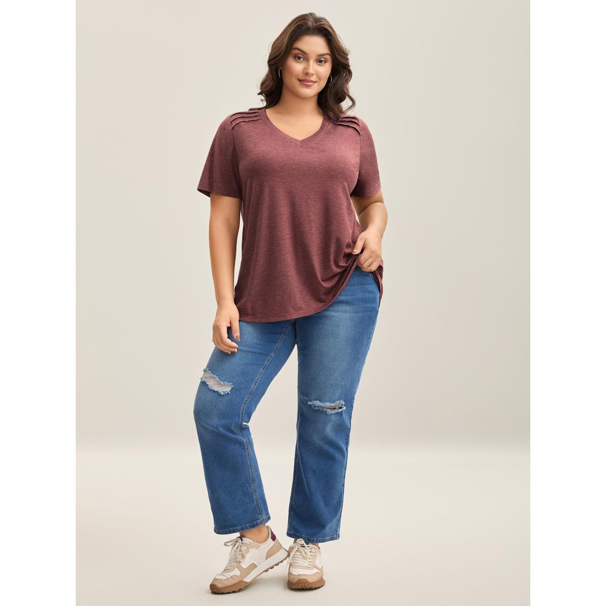 Plus Size Plicated Detail Shoulder Plain T-Shirt Scarlet Women Tucked seam V-neck Everyday-Casual T-shirts BloomChic 12/L Product Image