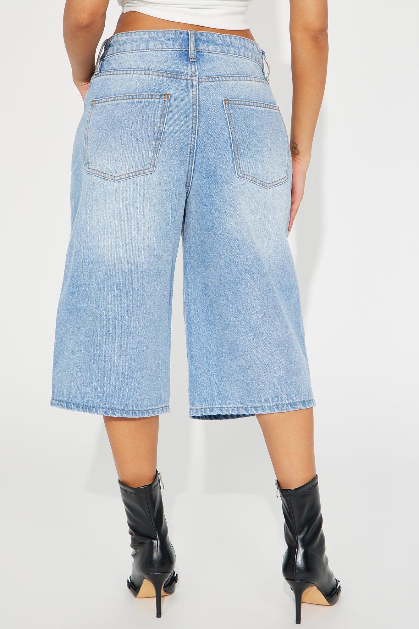 Know Your Place Ripped Denim Jorts - Light Wash Product Image