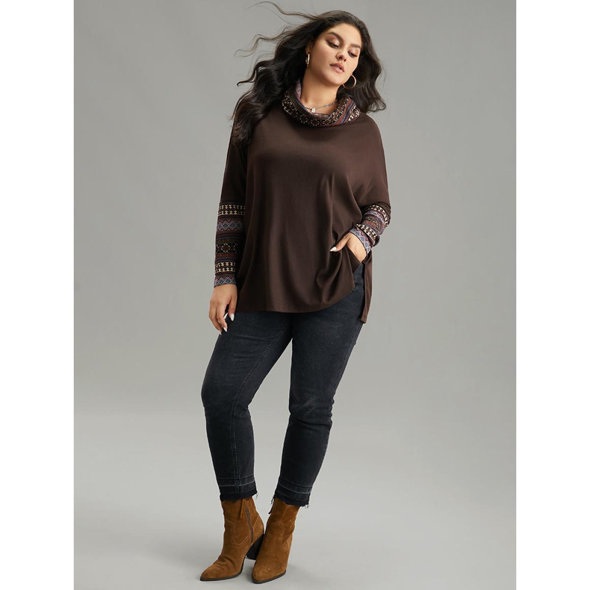 Plus Size Bandana Print Patchwork Turtle Neck T-shirt DarkBrown Women Casual Printed Bohemian Print Turtleneck Dailywear T-shirts BloomChic 30/6X Product Image