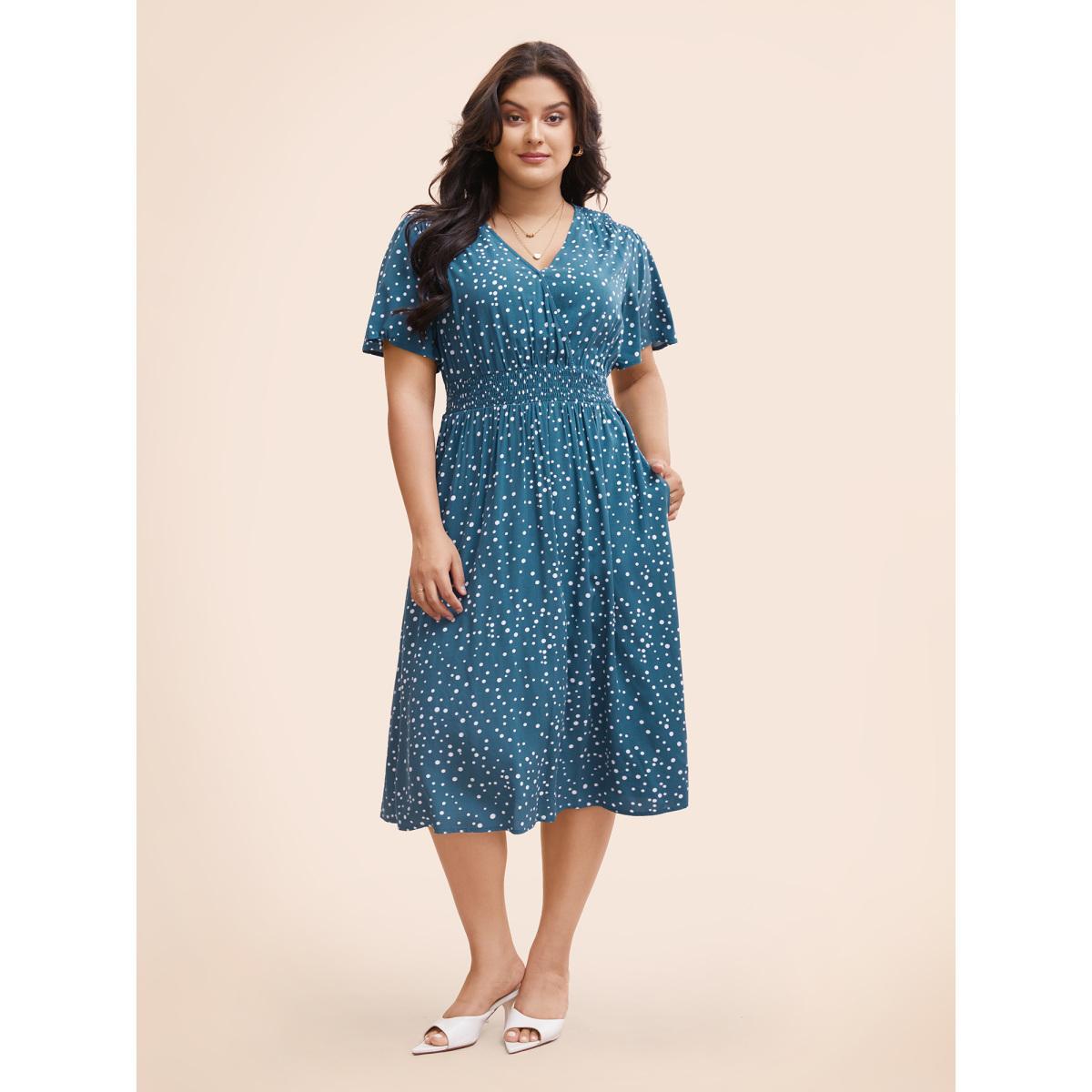 Plus Size Polka Dot Wrap Pocket Shirred Ruffle Sleeve Dress Aegean Women Elegant Patchwork Curvy Midi Dress BloomChic 12/L Product Image