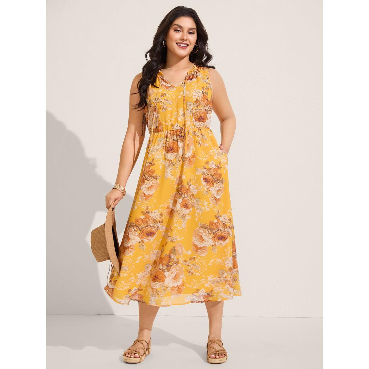 Plus Size Sunny Floral Petal Trim Neck Midi Dress Turmeric Women Notched collar Sleeveless Curvy BloomChic 28/5X Product Image