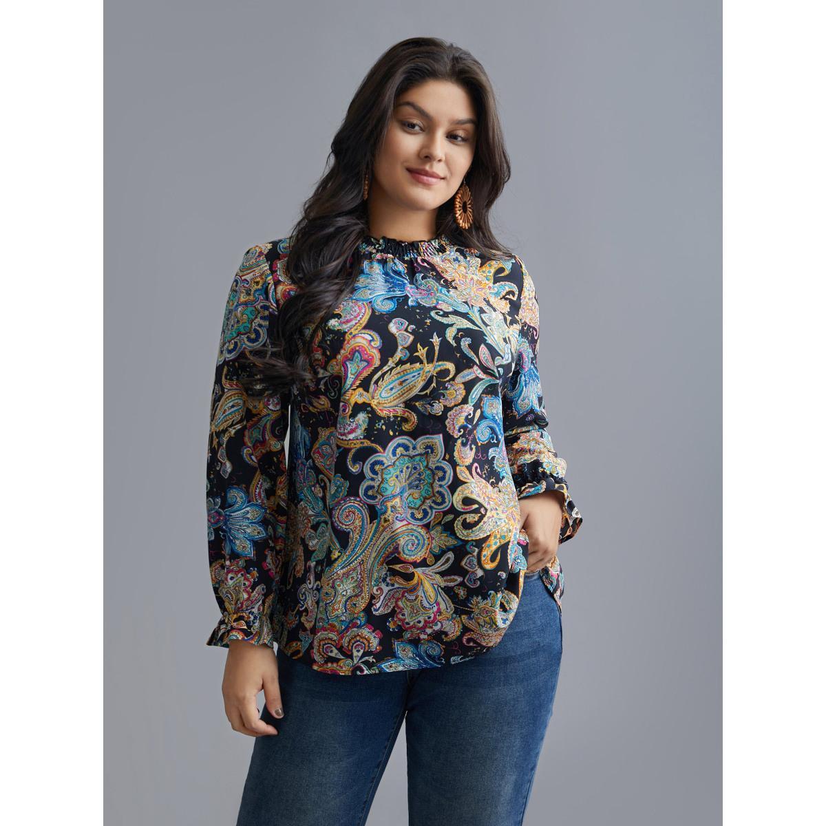 Plus Size Indigo Stand Collar Paisley Shirred Blouse Women Resort Long Sleeve Stand-up collar Vacation Blouses BloomChic 28/5X Product Image