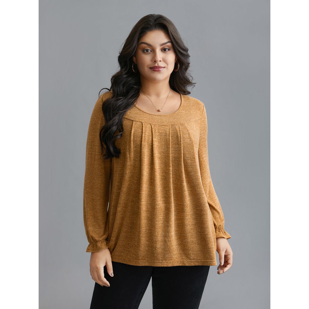 Plus Size Round Neck Heather Pleated T-shirt Turmeric Women Elegant Pleated Round Neck Loose Everyday T-shirts BloomChic 26/4X Product Image