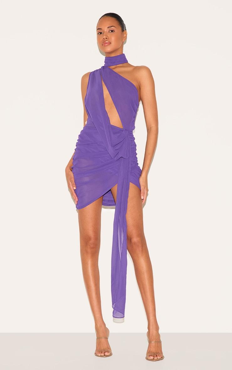 Purple Sheer Chiffon Ruched Detail Asymmetric Drape Bodycon Dress Product Image