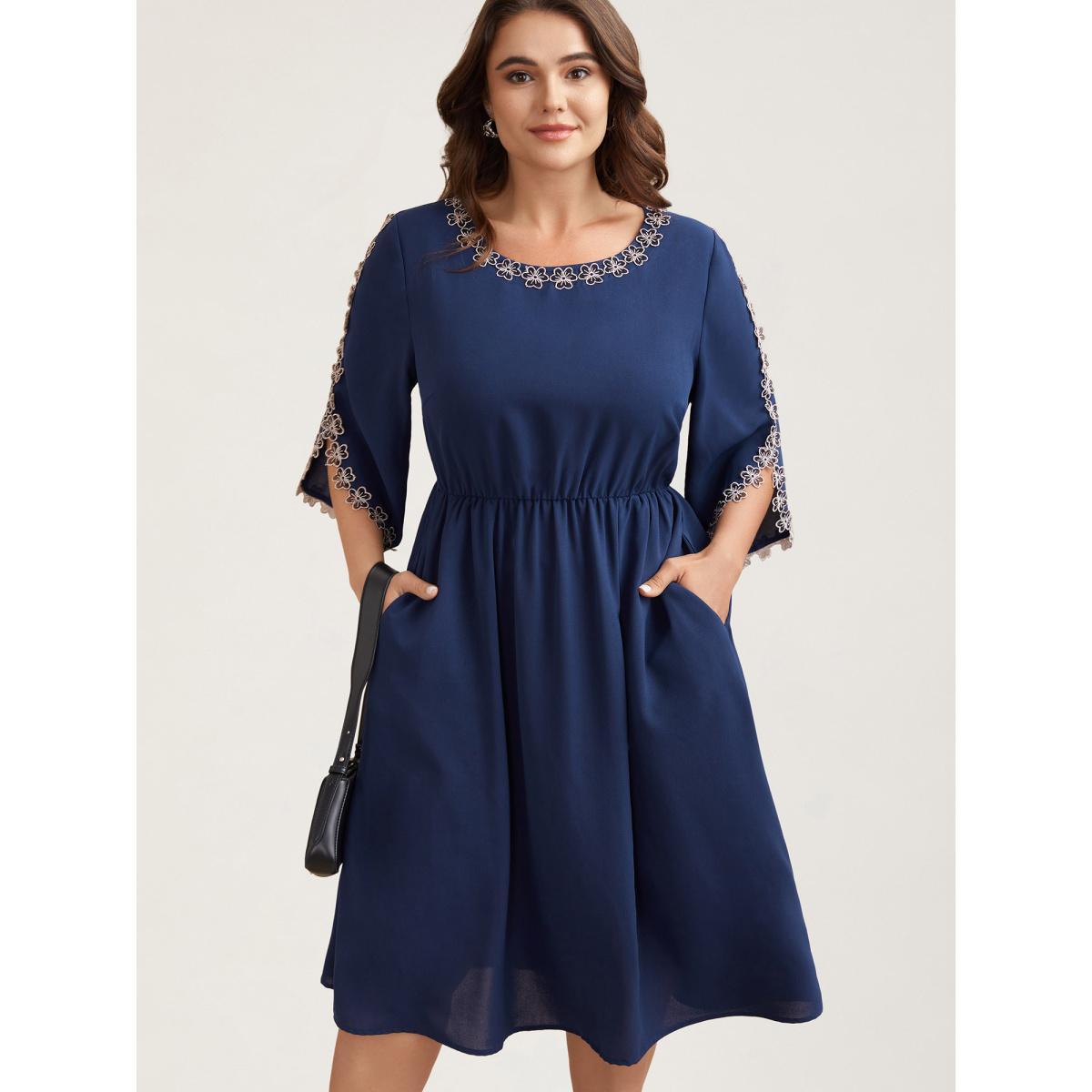 Plus Size Lace Detail Trumpet Sleeve Midi Dress DarkBlue Women At the Office Overlapping Boat Neck Elbow-length sleeve Curvy BloomChic 18-20/2X Product Image