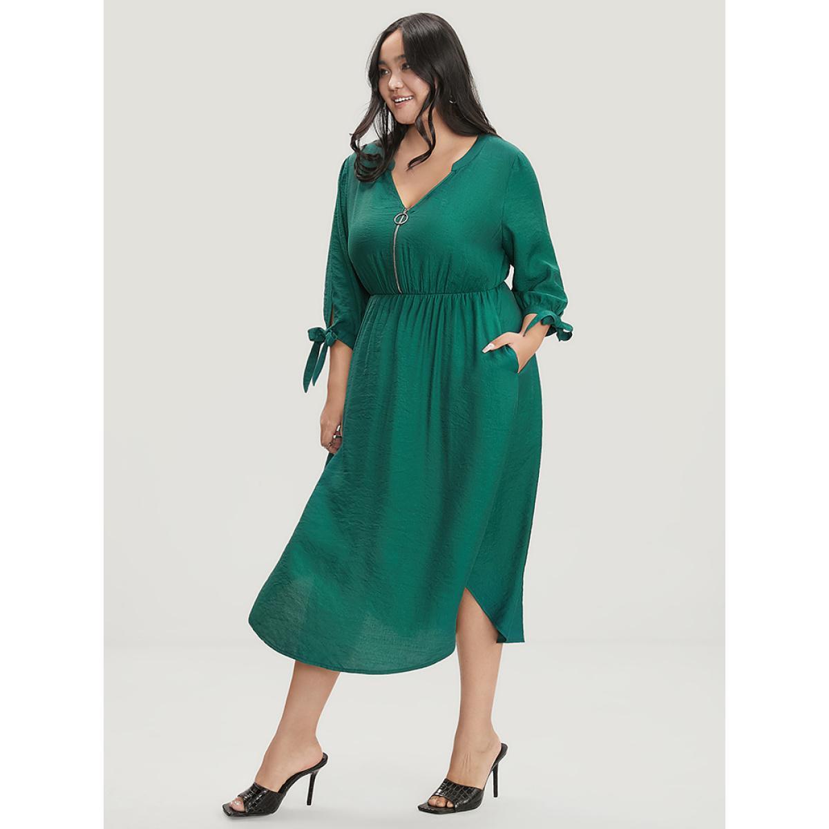 Plus Size Solid Pocket Knot Sleeve Half Zipper Arc Hem Dress DarkGreen Women Office Cross straps V-neck Elbow-length sleeve Curvy Midi Dress BloomChic 30/6X Product Image