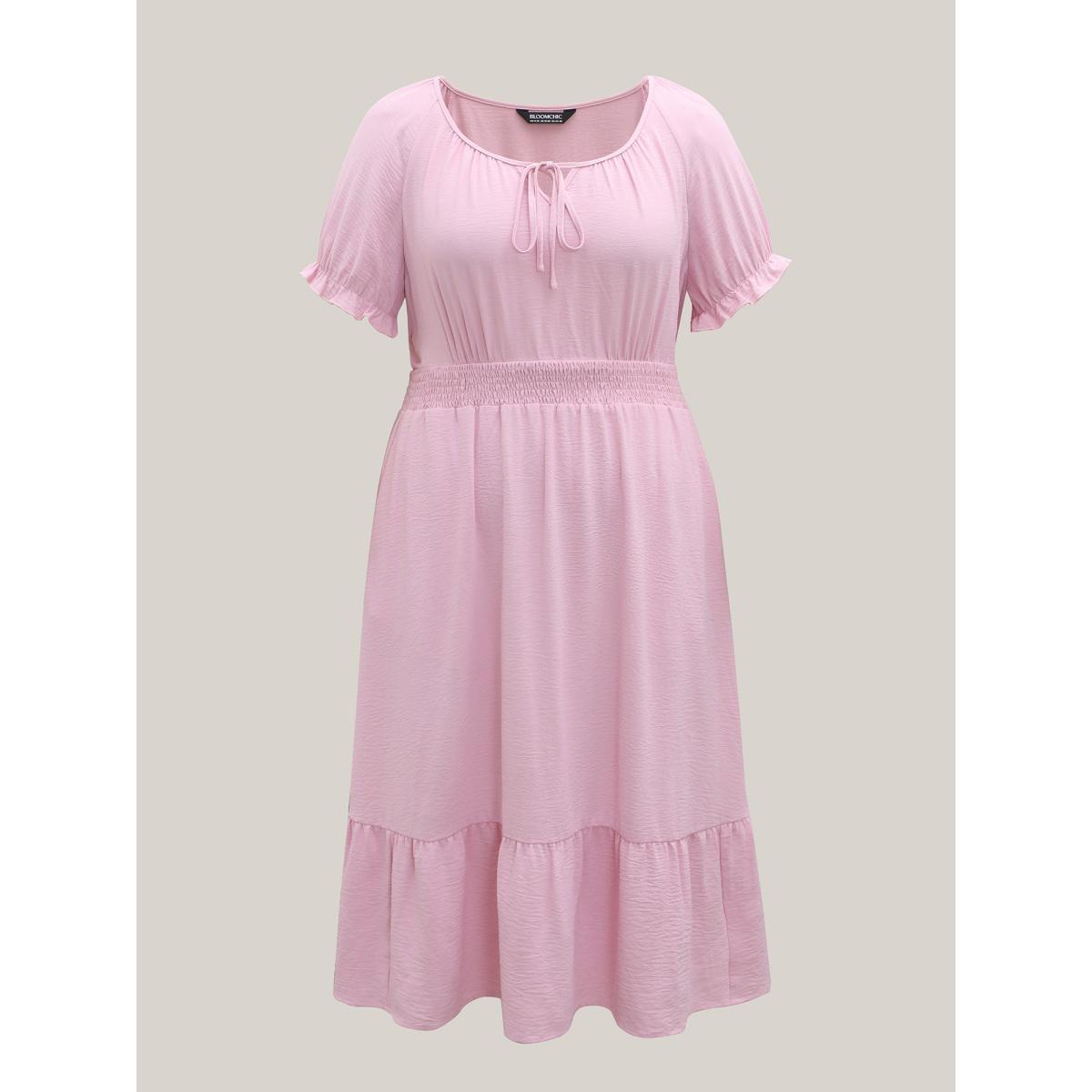 Plus Size Shirred Waist Tiered Hem Milkmaid Dress Blush Women Round Neck Cap Sleeve Curvy BloomChic 18-20/2X Product Image