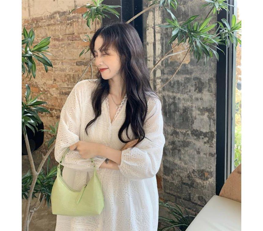 Elbow-Sleeve V-Neck Plain Eyelet Lace Button-Up Oversized Mini Dress Product Image