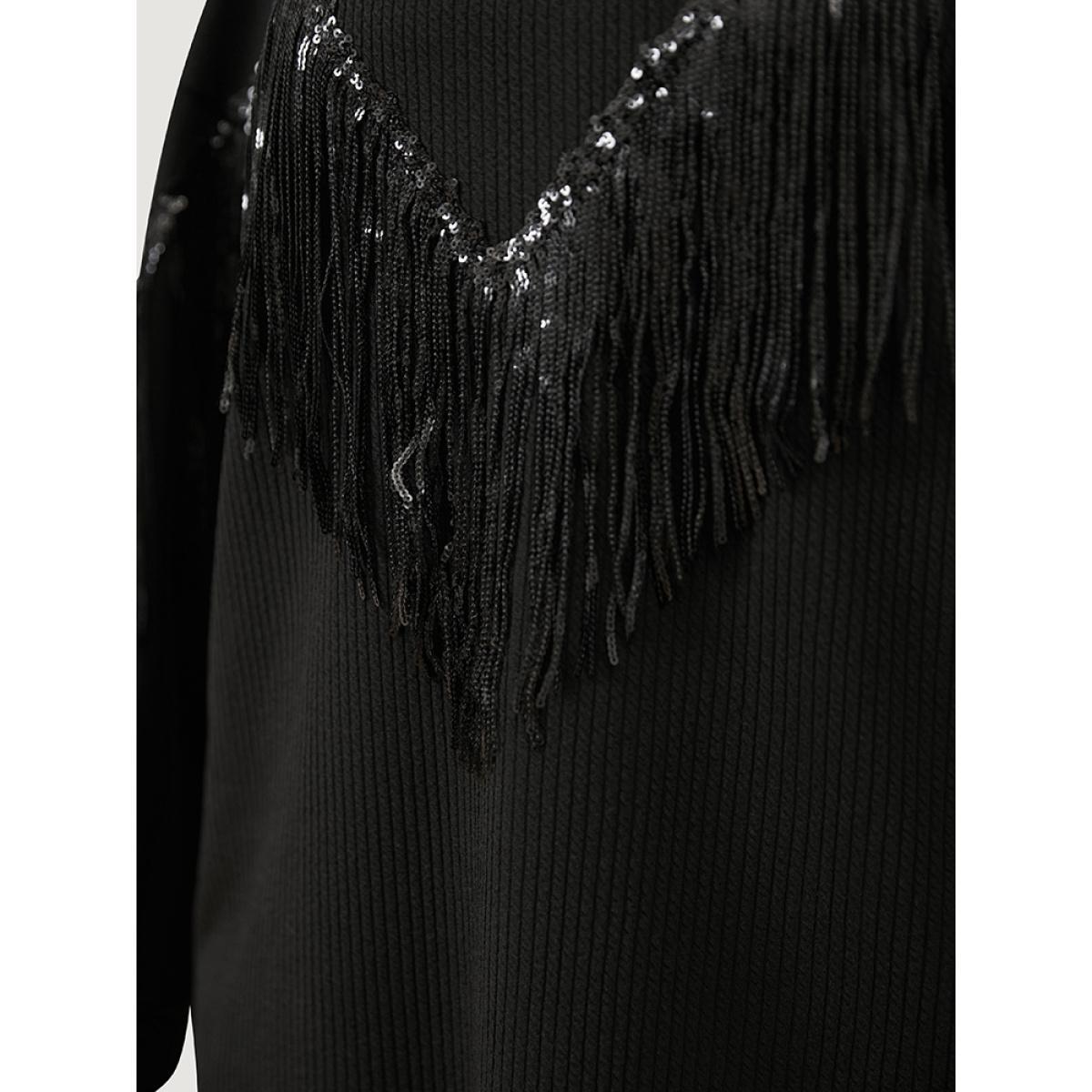 Plus Size Solid Fringe Trim Sequin Drop Shoulder Sweatshirt Women Black Party Patchwork Round Neck Going out Sweatshirts BloomChic 30/6X Product Image