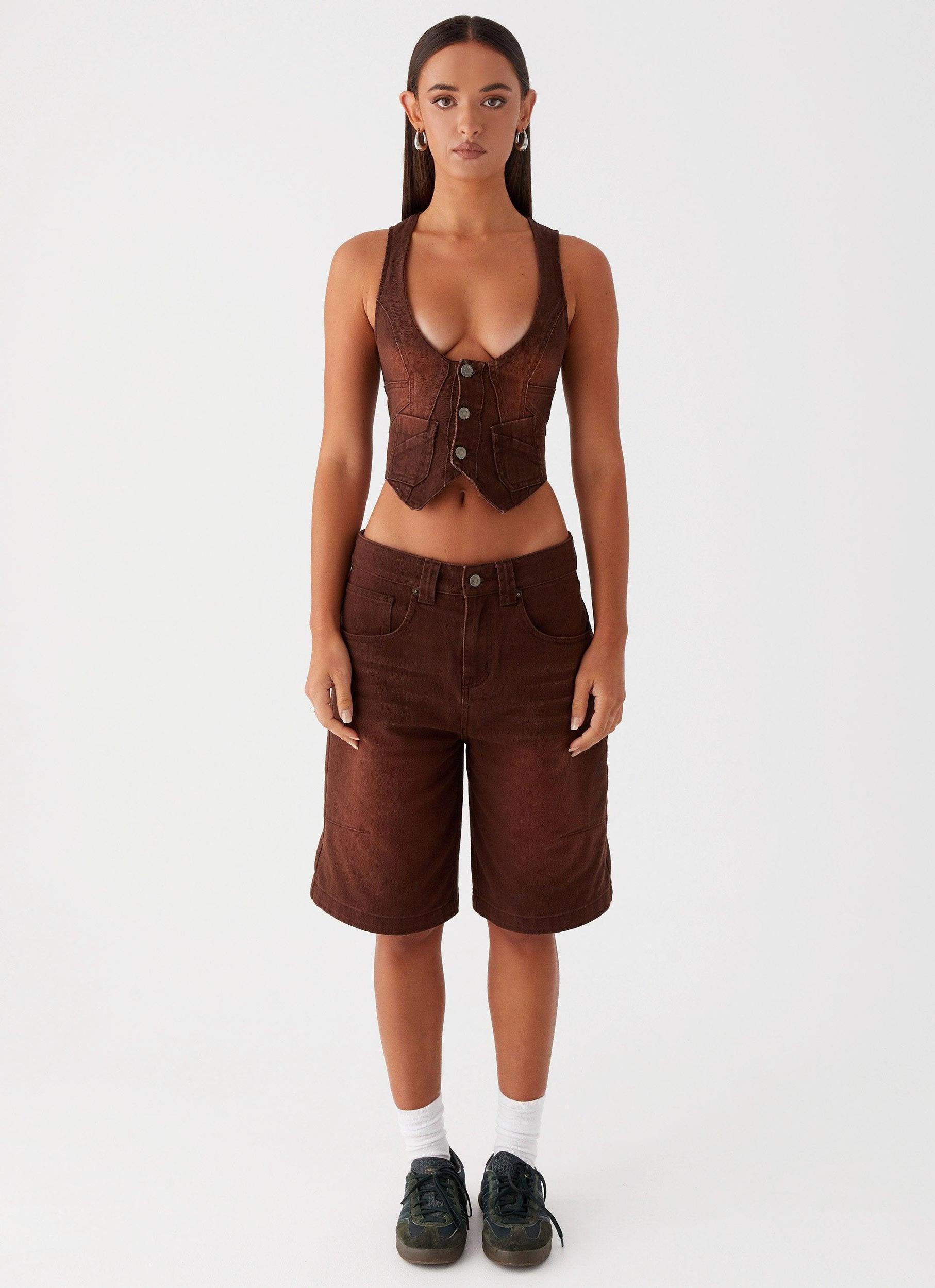 Heading South Denim Jorts - Brown Product Image