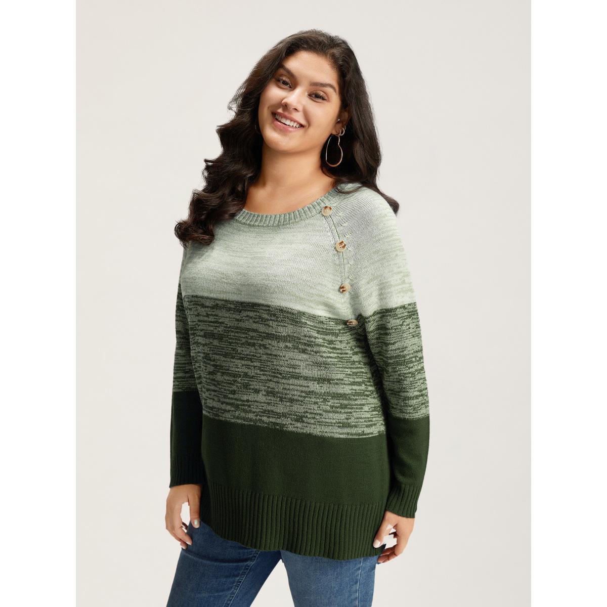 Plus Size Colorblock Contrast Heather Button Detail Pullover DarkGreen Women Casual Long Sleeve Round Neck Everyday Pullovers BloomChic 22-24/3X Product Image