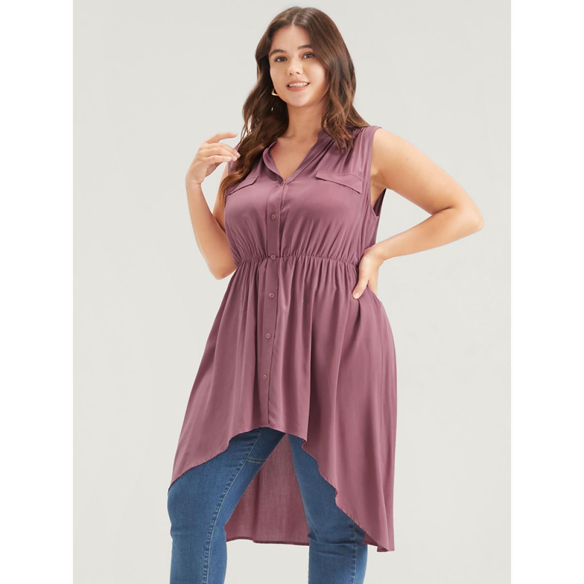 Plus Size DustyPink Solid Gathered Button High Low Hem Fake Pocket Tank Top Women Elegant Sleeveless V-neck Dailywear Blouses BloomChic 18-20/2X Product Image