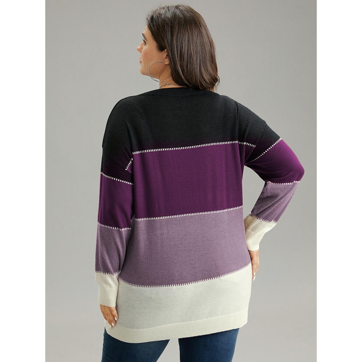 Plus Size Supersoft Essentials Colorblock Contrast Round Neck Pullover Purple Women Casual Loose Long Sleeve Round Neck Everyday Pullovers BloomChic 18-20/2X Product Image
