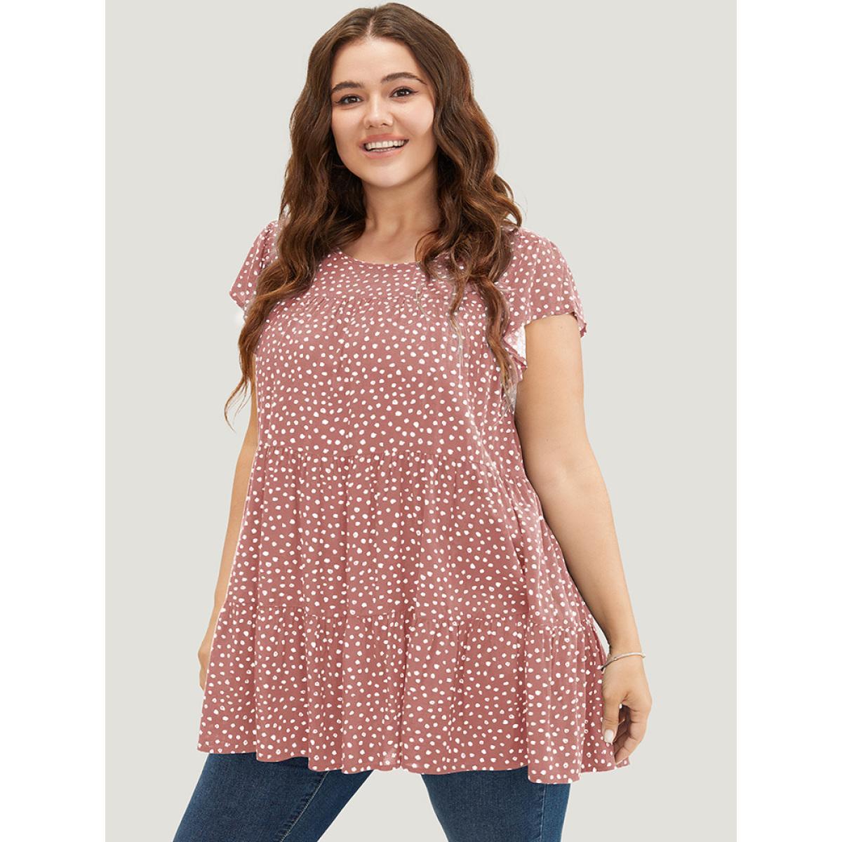 Plus Size Rouge Allover Print Cap Sleeve Ruffle Hem Gathered Blouse Women Casual Cap Sleeve Round Neck Everyday Blouses BloomChic 30/6X Product Image