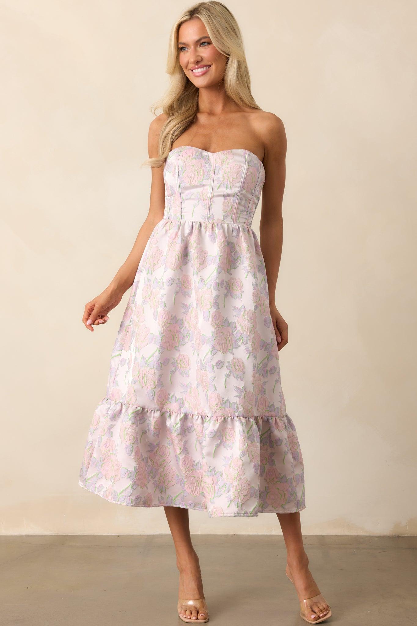In The Spotlight Lavender Floral Jacquard Strapless Midi Dress Product Image