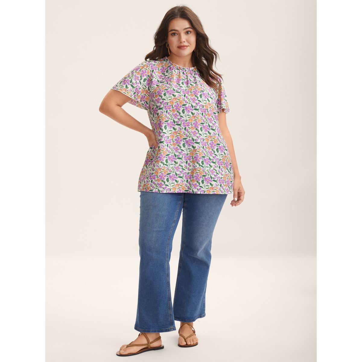 Plus Size Deeppurplered In Full Bloom Mock Neck Shirt Women Resort Cap Sleeve Stand-up collar Vacation Blouses BloomChic 28/5X Product Image