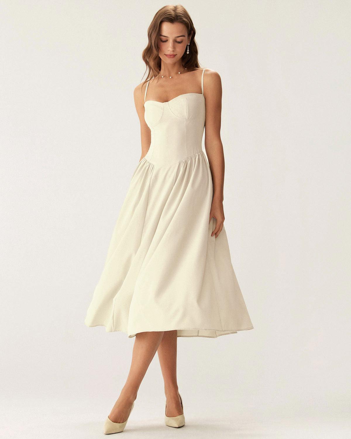 Beige Square Neck Pocket Slip Midi Dress Product Image