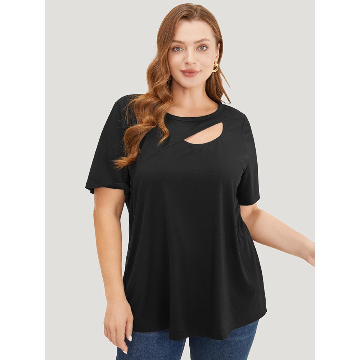Plus Size Solid Cut Out Crew Neck T-shirt Black Women Elegant Cut-Out Plain Round Neck Dailywear T-shirts BloomChic 10/M Product Image