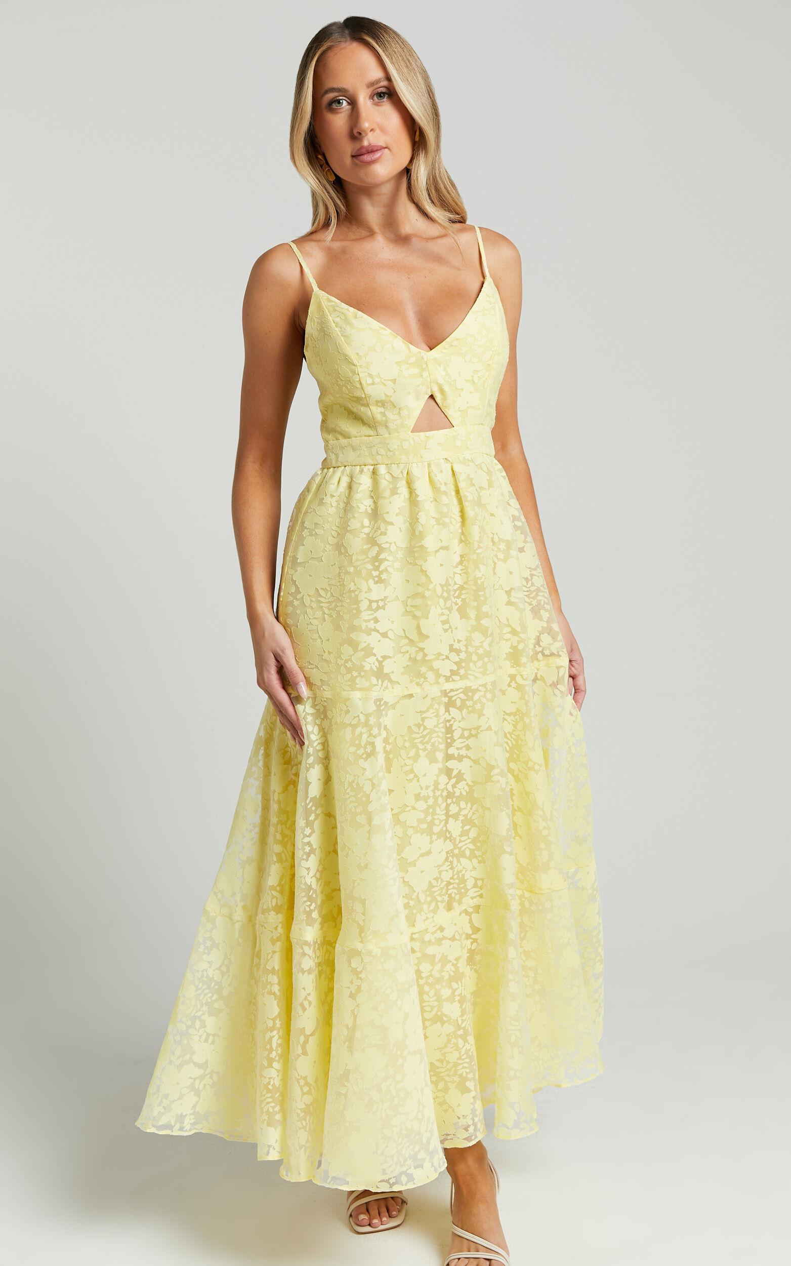 Jorie Midi Dress - Strappy Front Cut Out Tiered Skirt in Pastel Yellow Product Image