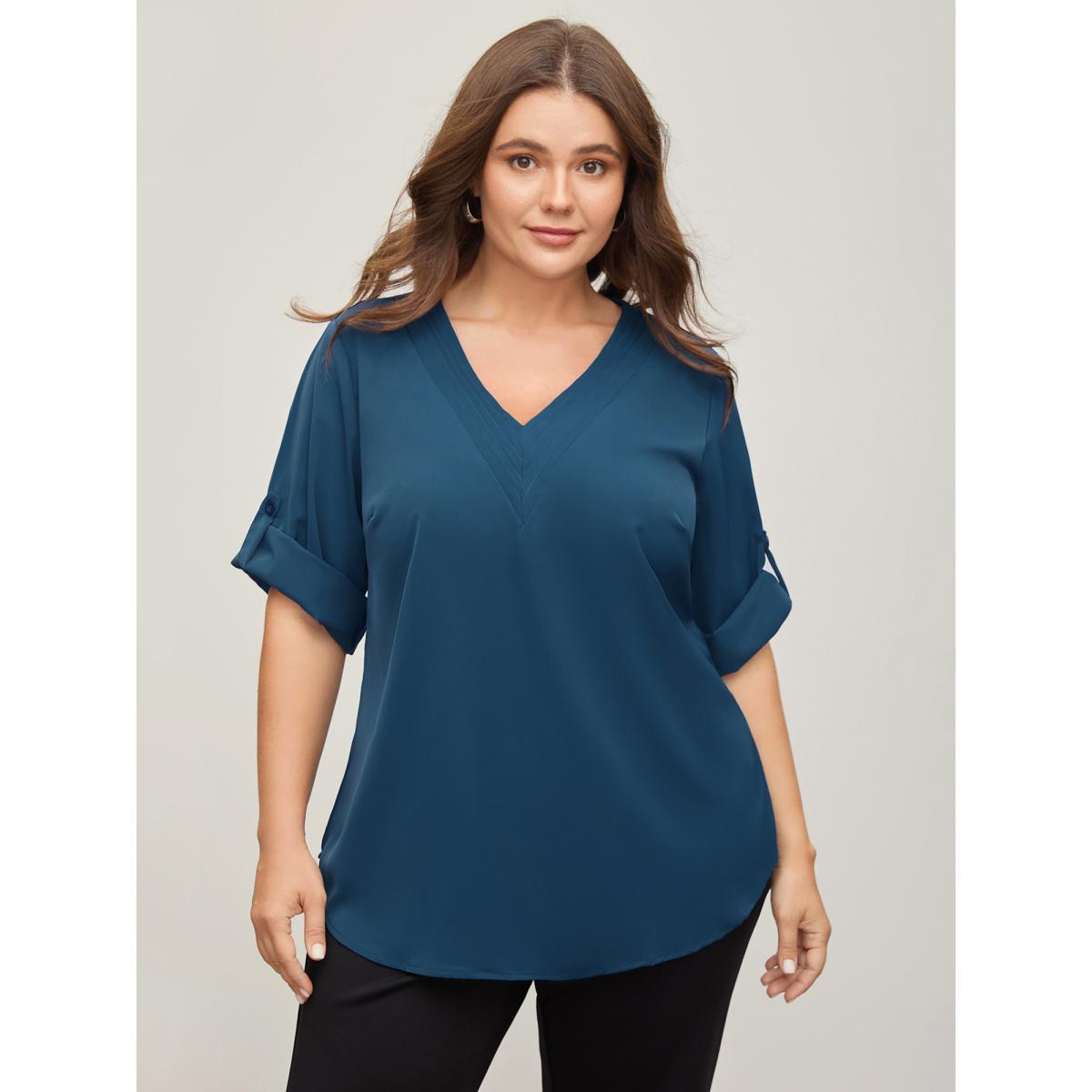 Plus Size Indigo V Neck Plain Pleated Tab Sleeve Blouse Women At the Office Elbow-length sleeve V-neck Work Blouses BloomChic 14-16/1X Product Image