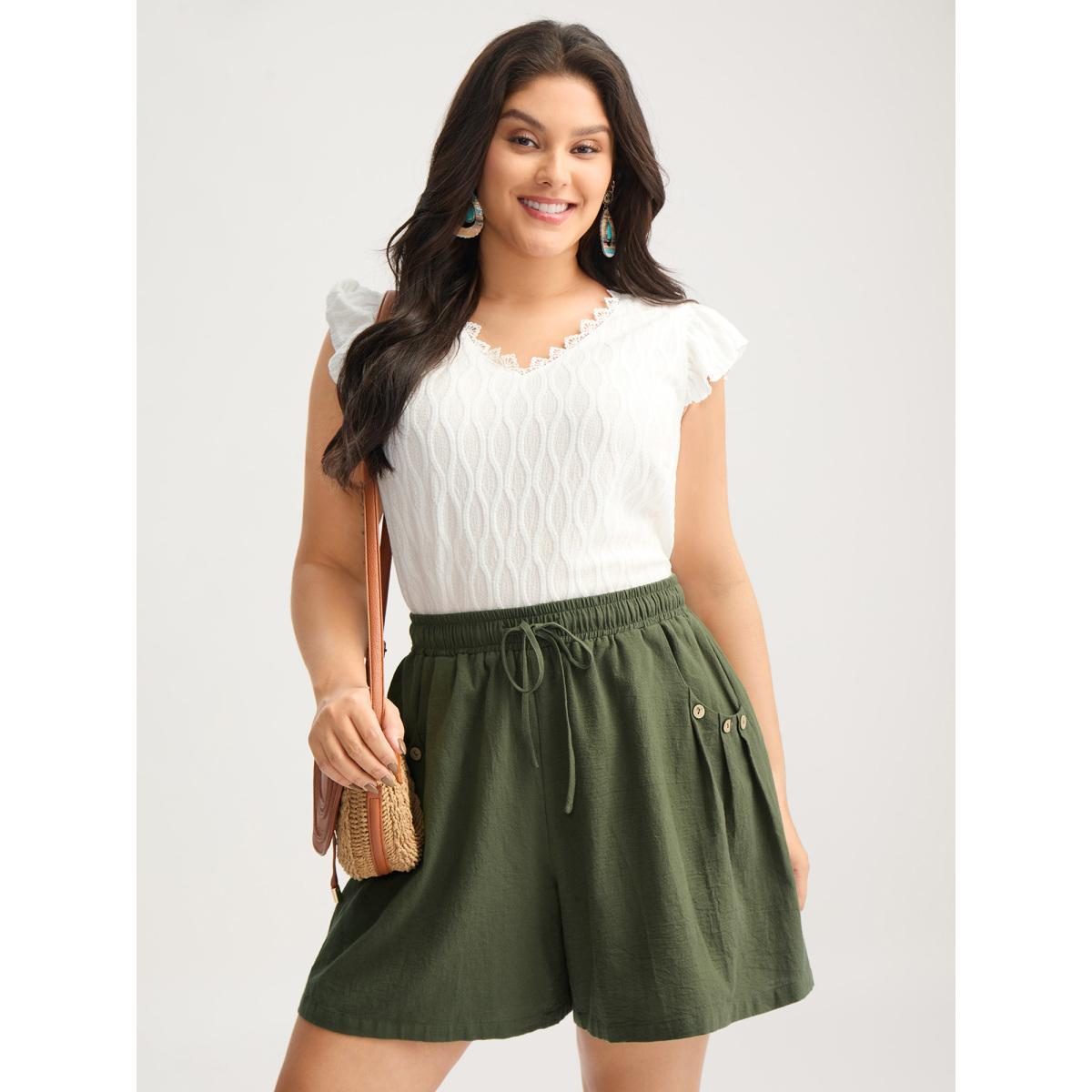 Plus Size Cotton Drawstring Waist Straight-Leg Shorts Women ArmyGreen Resort Drawstring Straight Leg Vacation Shorts BloomChic 14-16/1X Product Image