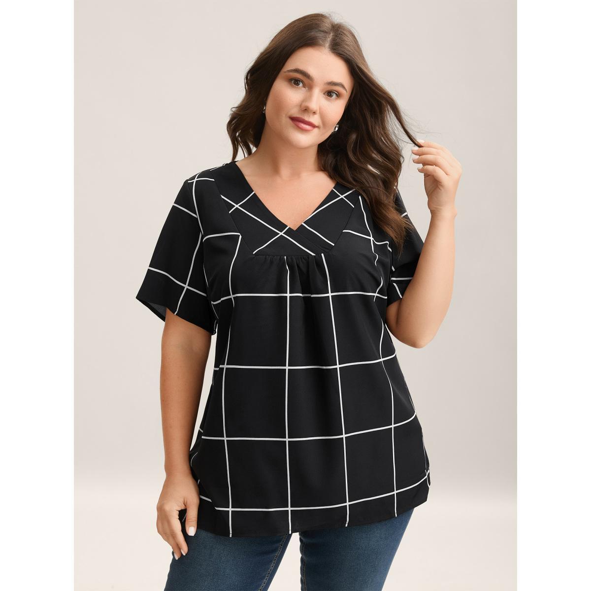 Plus Size Black Plaid Crumpled V-Neck Fitted Shirt Women At the Office Short sleeve Overlap Collar Work Blouses BloomChic 30/6X Product Image