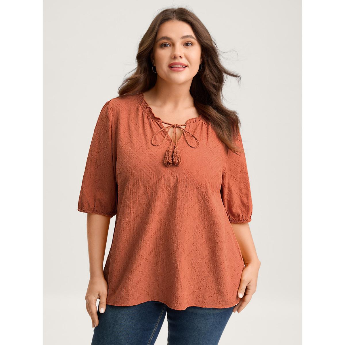 Plus Size Brightorange Pure Cotton Textured Tassel Blouse Women Elbow-length sleeve V-neck Everyday-Elegant Blouses BloomChic 14-16/1X Product Image