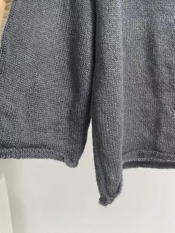 Long Sleeves Loose See-Through Solid Color Split-Joint Round-Neck Sweater Tops Product Image