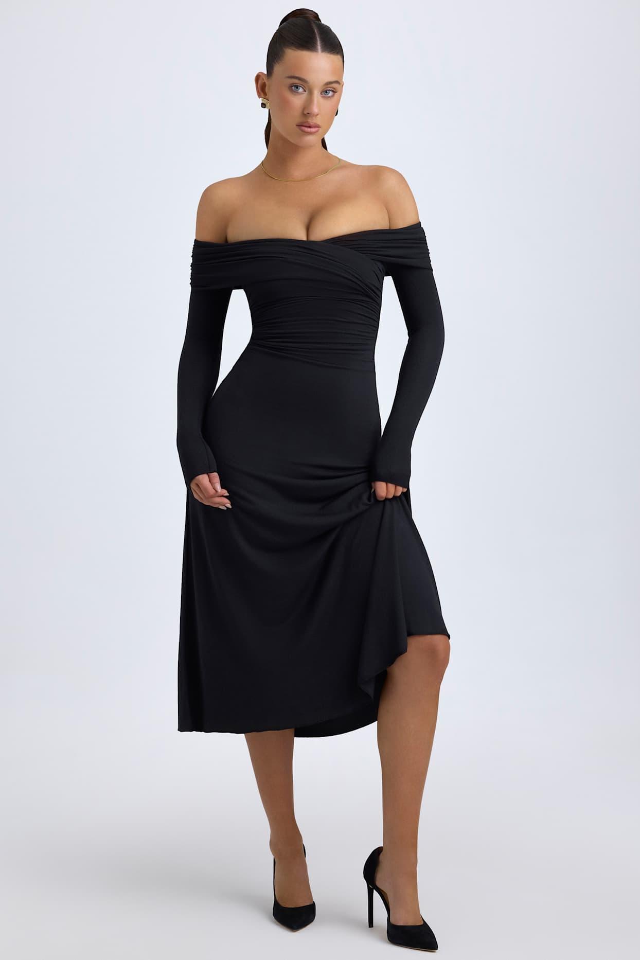 Modal Off-Shoulder Ruched Midaxi Dress in Black Product Image