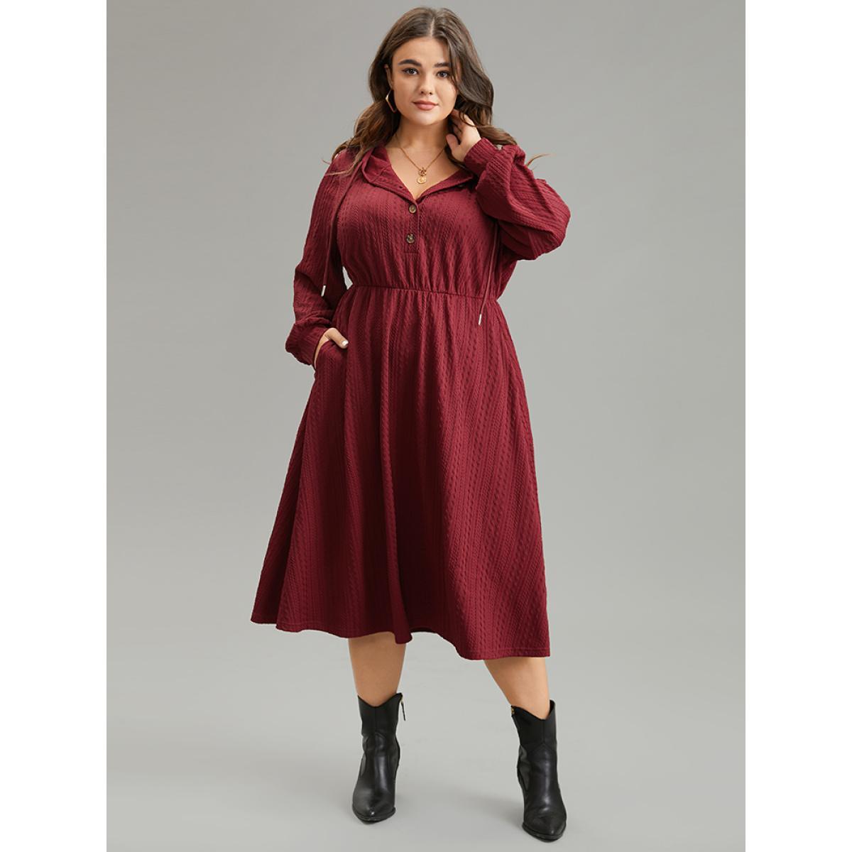 Plus Size Solid Textured Hooded Button Up Dress Scarlet Women Casual Texture Hooded Long Sleeve Curvy Midi Dress BloomChic 22-24/3X Product Image