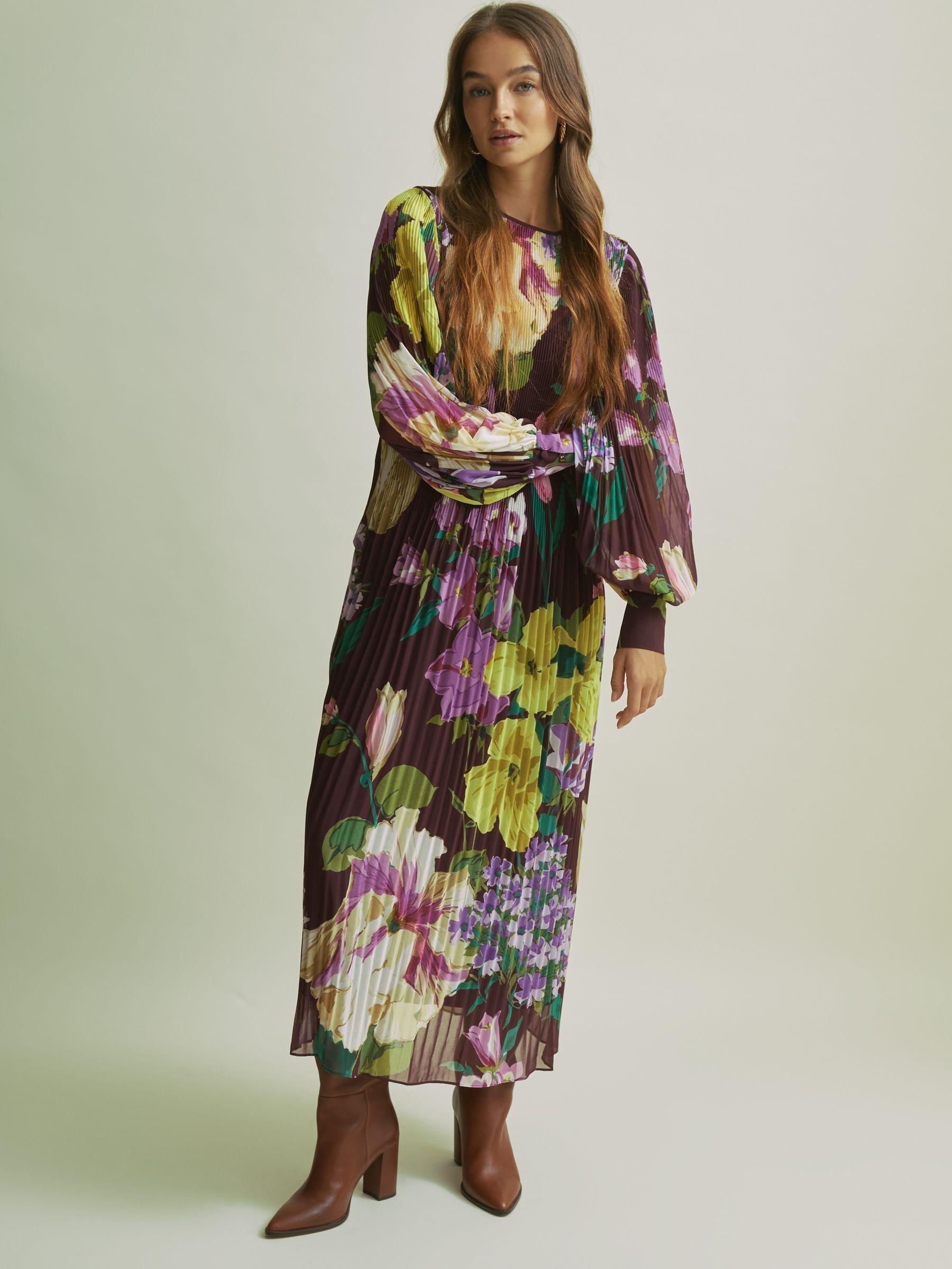 Florere Pleated Blouson Sleeve Midi Dress in Purple Product Image