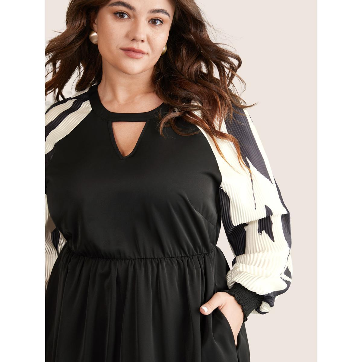 Plus Size Colorblock Keyhole Pleated Detail Shirred Dress Black Women Elegant Gathered Keyhole Cut-Out Long Sleeve Curvy Midi Dress BloomChic 18-20/2X Product Image