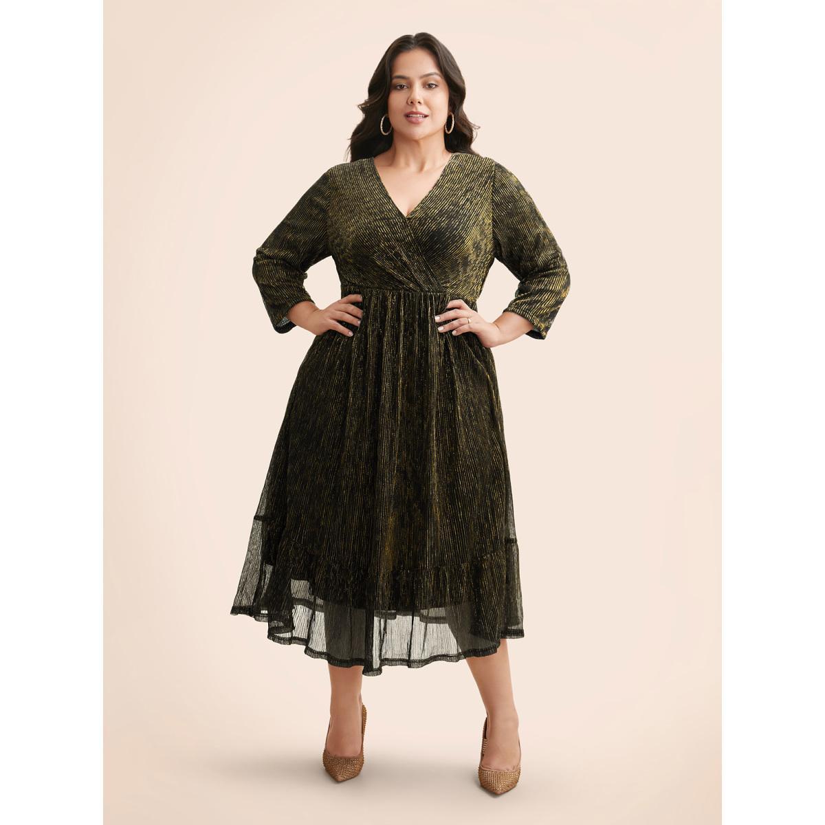Plus Size Luxe Mesh Pleated Elastic Waist Wrap Dress Black Women Party Texture Overlap Collar Elbow-length sleeve Curvy Midi Dress BloomChic 22-24/3X Product Image