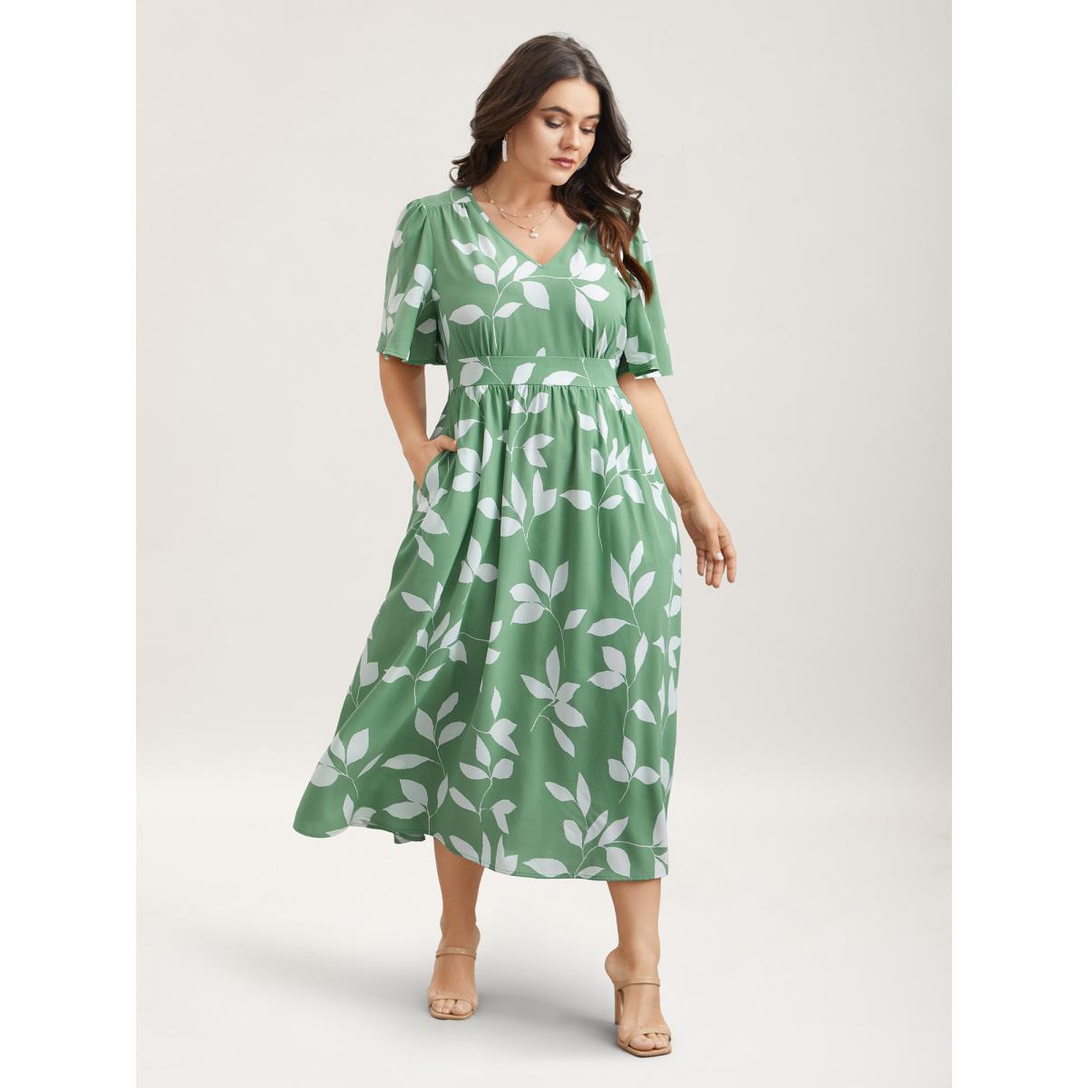 Plus Size Leaf Print Waist-Cinched Flared Maxi Dress Sage Women Elegant Gathered V-neck Half Sleeve Curvy BloomChic 30/6X Product Image