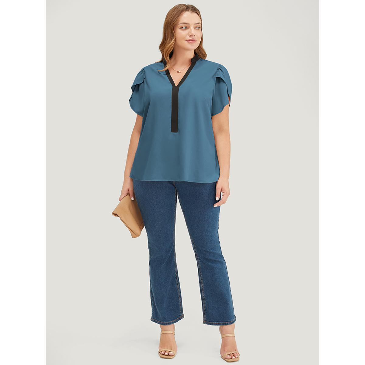 Plus Size Cerulean Plain Contrast Trim Split Petal Sleeve Blouse Women Office Short sleeve Stand-up collar Dailywear Blouses BloomChic 12/L Product Image