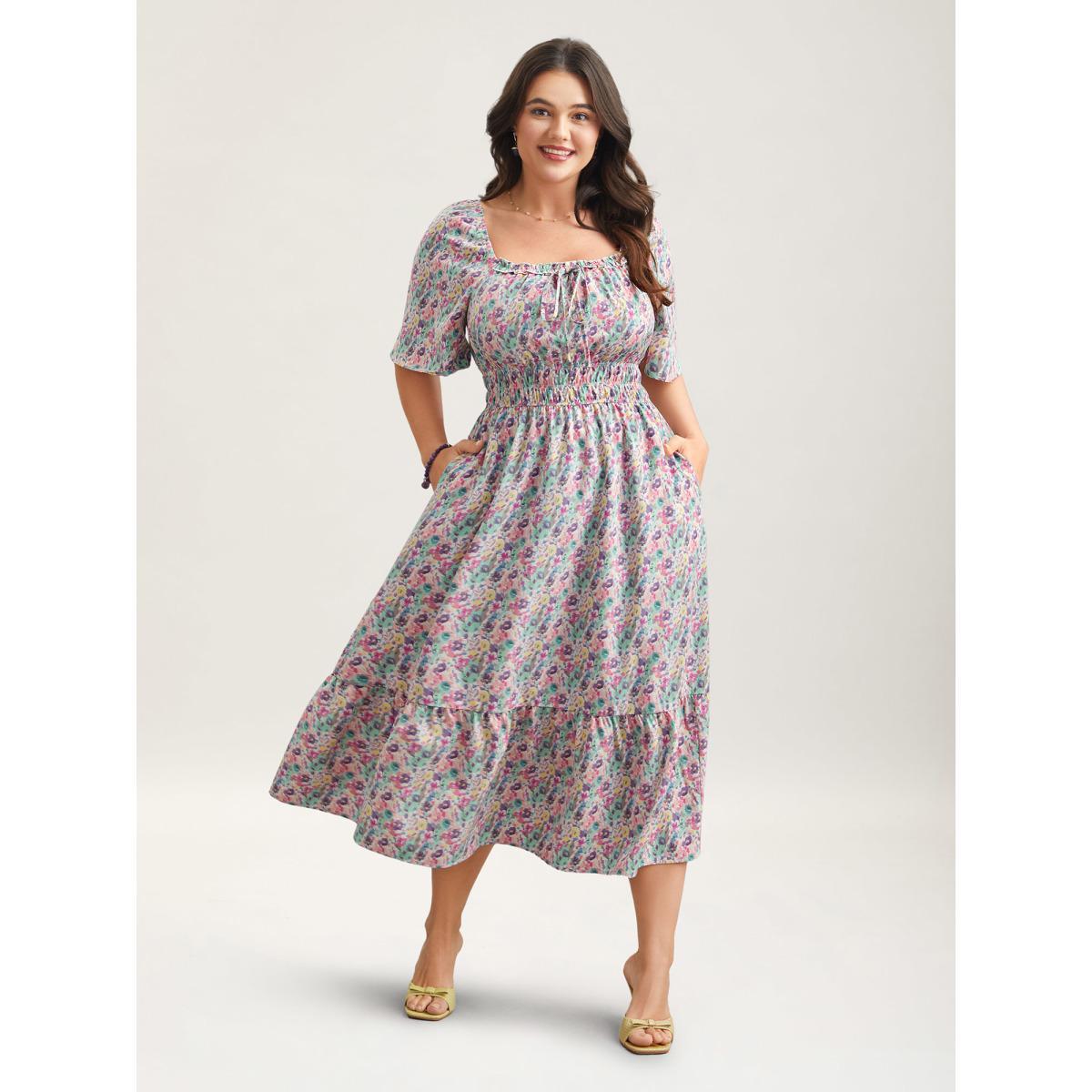 Plus Size Smocked Waist Floral Ties Tiered Maxi Dress Multicolor Women Elegant Tie knot Square Neck Short sleeve Curvy BloomChic 10/M Product Image