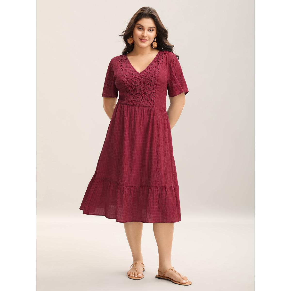 Plus Size Lace Textured Pockets Tiered Midi Dress Burgundy Women V-neck Short sleeve Curvy BloomChic 14-16/1X Product Image