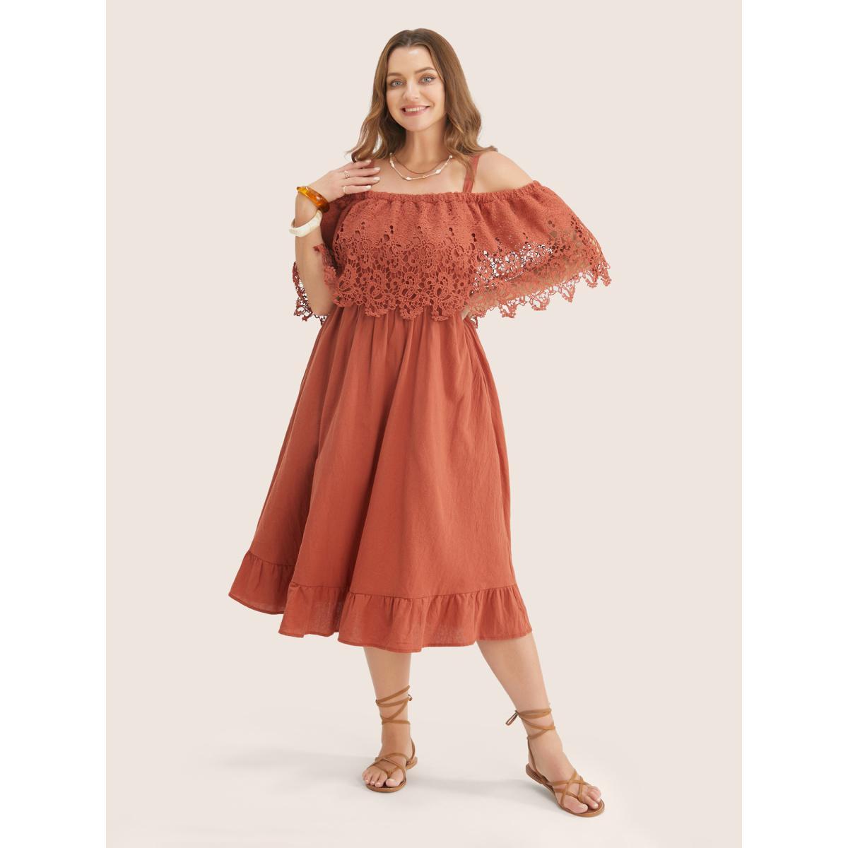 Plus Size Solid Cold Shoulder Contrast Lace Pocket Ruffle Hem Dress Chocolate Women Resort Broderie anglaise Non Short sleeve Curvy Midi Dress BloomChic 10/M Product Image