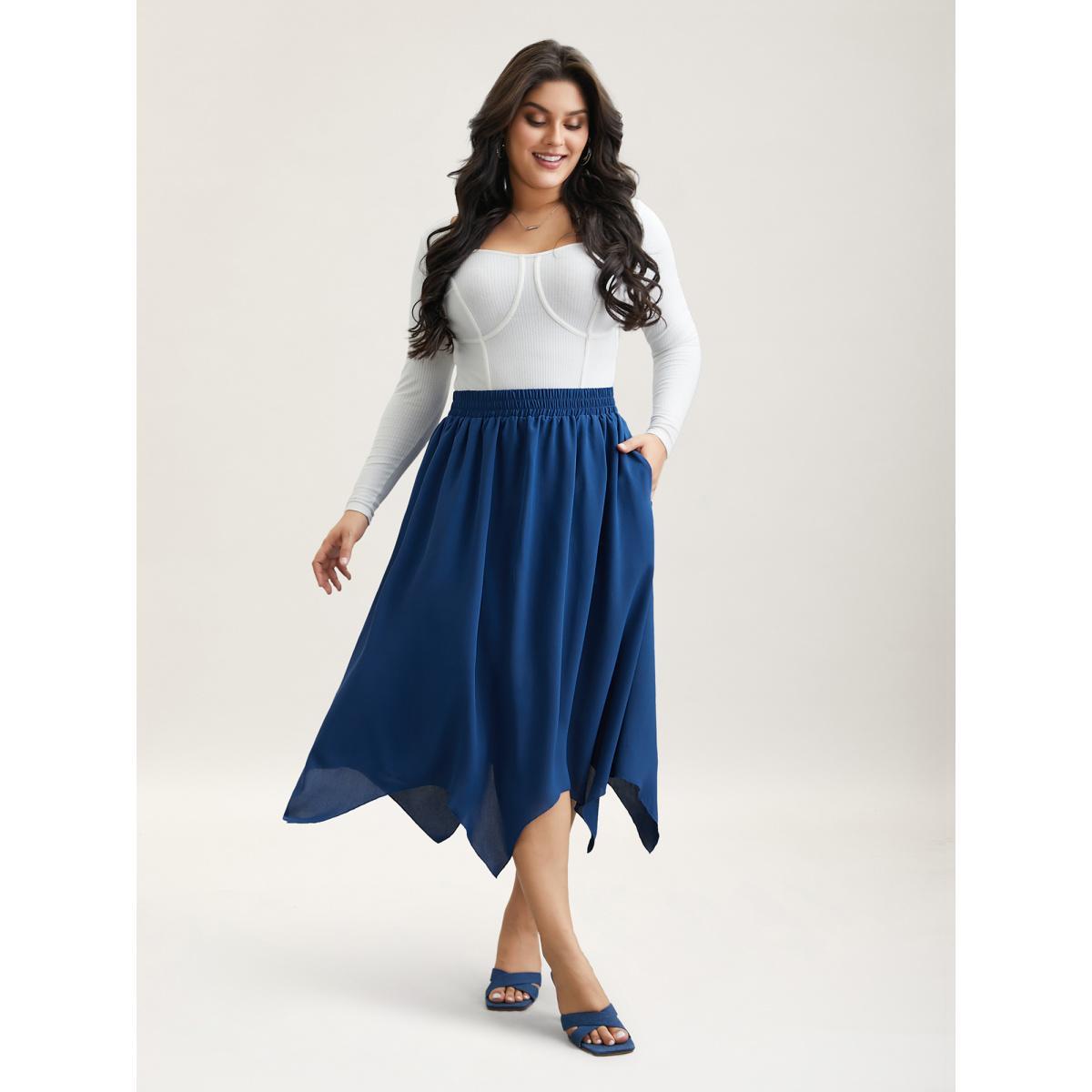 Plus Size Asymmetrical Hem Stretchy-Waist Plain Midi Skirt Women Mediumblue Elegant Asymmetrical No stretch Side seam pocket Everyday Skirts BloomChic 28/5X Product Image
