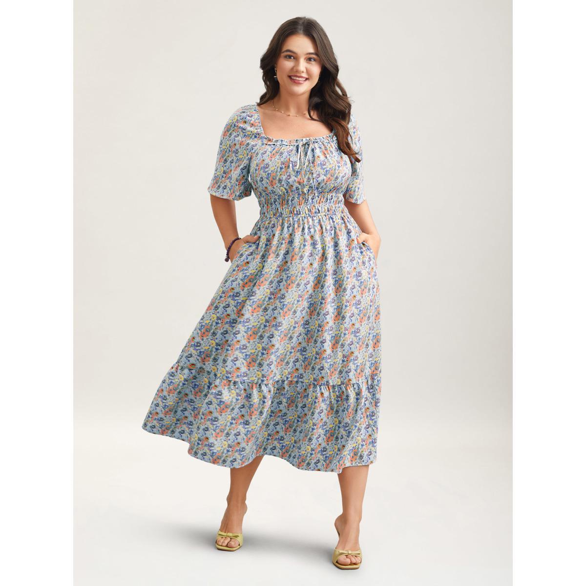 Plus Size Smocked Waist Floral Ties Tiered Maxi Dress LightBlue Women Elegant Tie knot Square Neck Short sleeve Curvy BloomChic 12/L Product Image