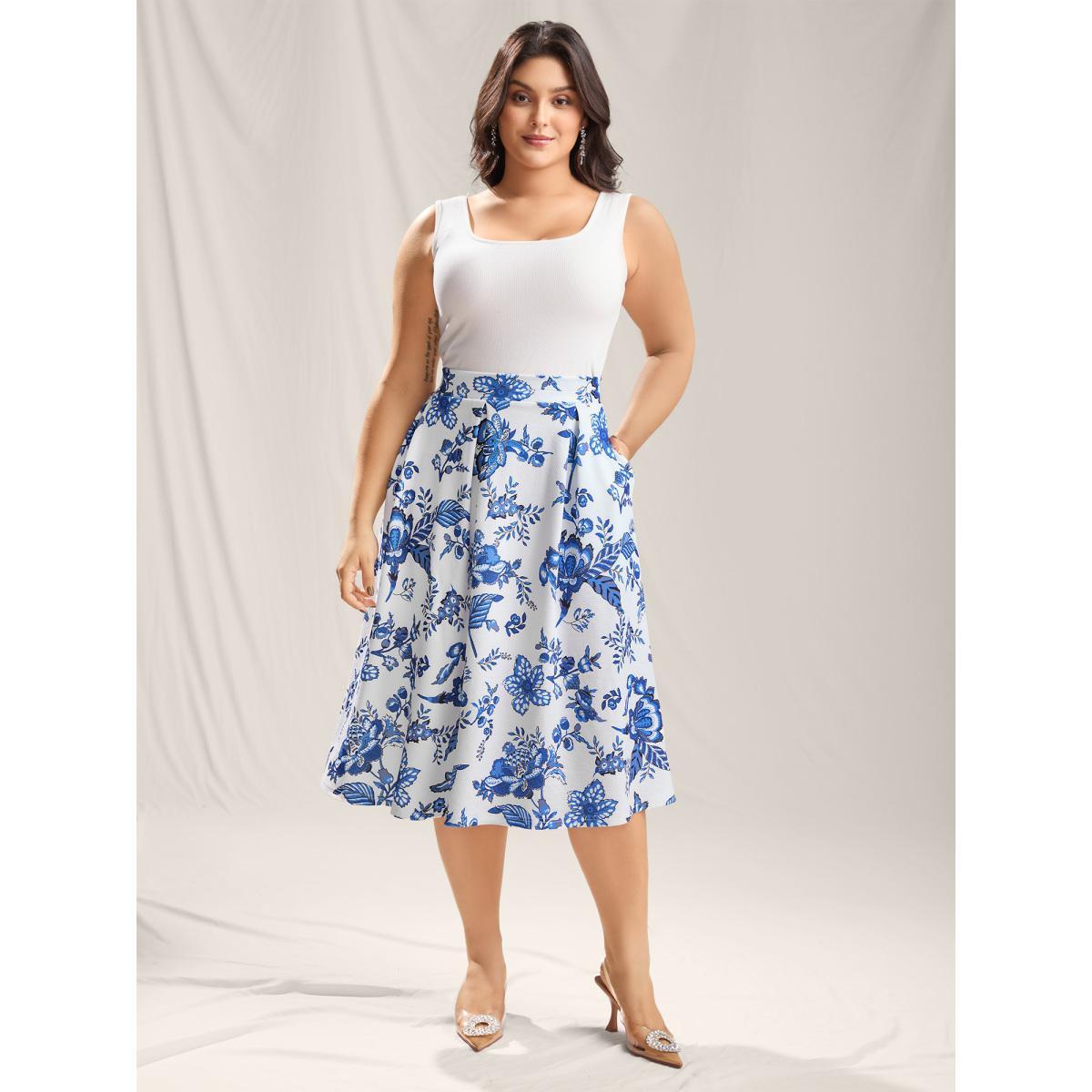 Plus Size Floral Print Flared Midi Skirt Women LightBlue Elegant Contrast Bodycon Low stretch Side seam pocket Everyday-Elegant Skirts BloomChic 14-16/1X Product Image